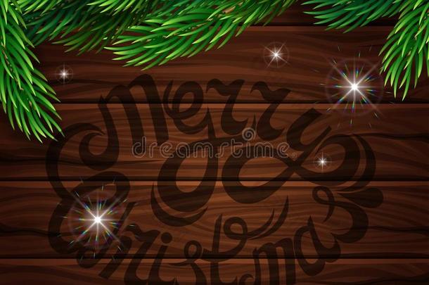 木制木板背景上的圣诞<strong>装饰</strong>。 圣诞<strong>树上</strong>的树枝，明亮的多色的灯光在明亮的木头上
