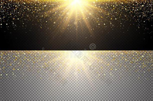 金色的爆炸在不同的方向上闪闪发光，金色的灰尘。 闪光圣诞帽设计。 贺卡