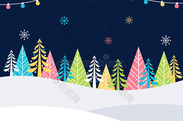 圣诞节和寒假活动的节日背景与雪，树木和圣诞灯。 矢量海报模板