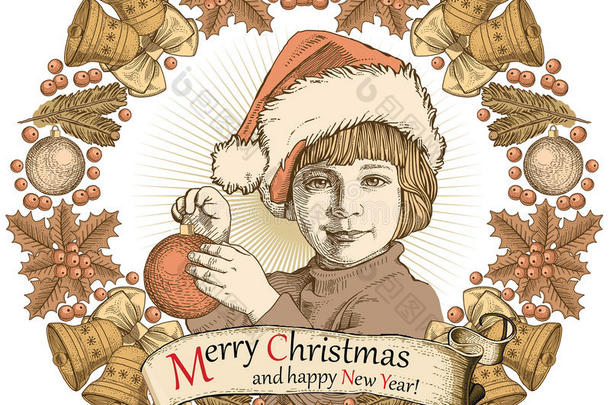 贺卡，框架。 新年快乐圣诞快乐。 家庭。 孩子，孩子。 圣诞老人，树。 冬天。 老式矢量插图。