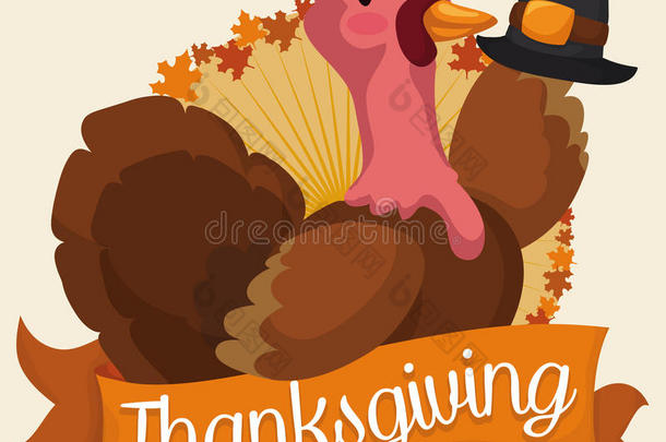 可爱的火鸡，带着朝圣者帽和丝带庆祝感恩节，矢量插图