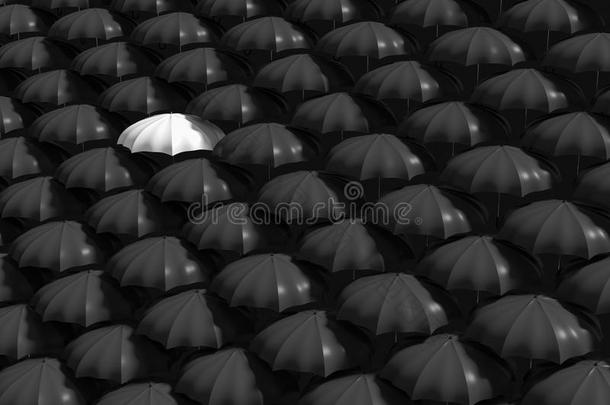 三维渲染：白色<strong>雨伞</strong>的插图从许多黑白<strong>雨伞</strong>的人群中脱颖而出。 商业，领导者的概念
