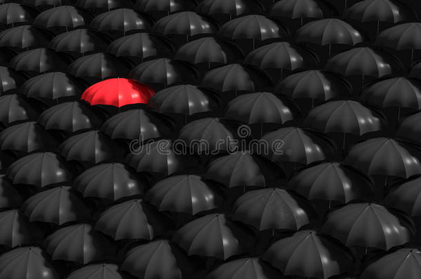 三维渲染：红色<strong>雨伞</strong>的插图从许多黑白<strong>雨伞</strong>的人群中脱颖而出。 商业，领导者的概念