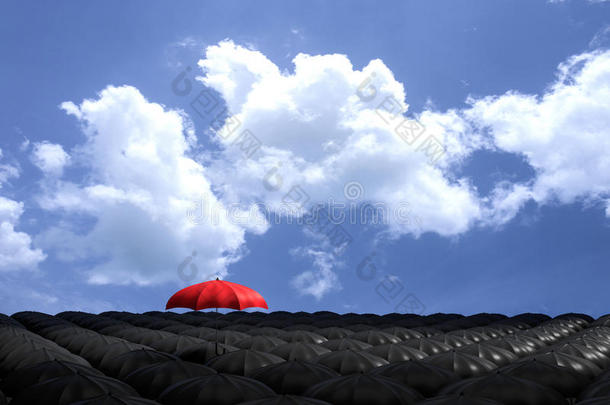 三维渲染：红色雨伞的插图从许多黑色雨伞的人群中漂浮在蓝天和云彩上。