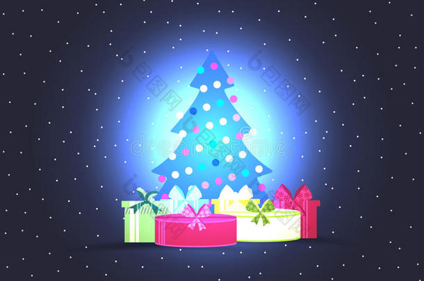 带有礼品盒的圣诞树。 明亮的<strong>圣诞海报</strong>。 矢量