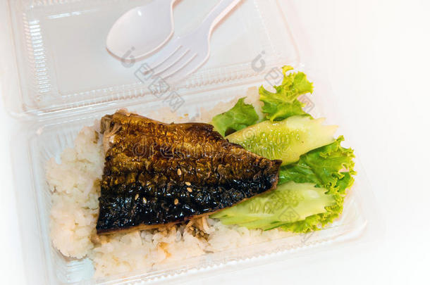 在塑料盒子里烤米饭上的鱼，带回家的食物