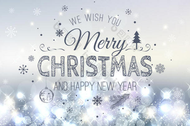 圣诞节和新年印刷在银色的圣诞节背景与雪花，光，星星。 矢量插图。 圣诞节