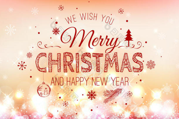 圣诞节和新年印刷在橙色的圣诞节背景与雪花，光，星星。 矢量插图。 圣诞节