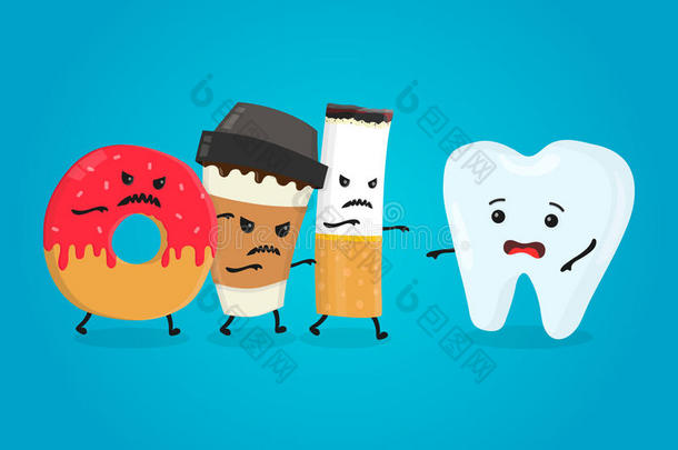 愤怒的甜甜圈，咖啡纸杯和香烟杀死健康的牙齿。 噩梦健康白牙。 矢量平面卡通人物