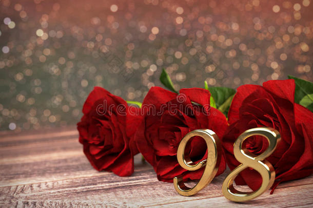 生日概念与红色玫瑰在木桌上。 第九十八条。 第<strong>98</strong>次。 三维渲染