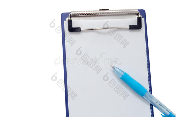 带白色空<strong>白纸</strong>和白色蓝色笔的剪贴板