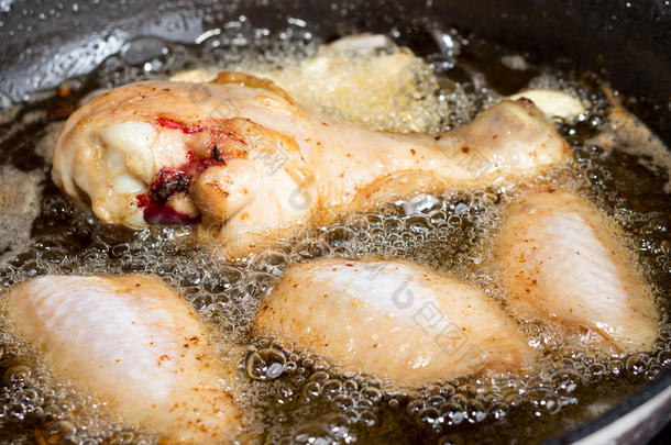 在平底锅里煎鸡肉。
