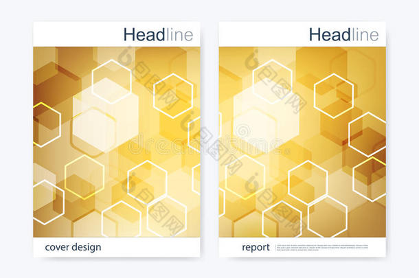 商业小册子设计<strong>模板</strong>。 矢量传单布局，抽象<strong>金色</strong>六角形，多边形背景，<strong>现代</strong>时尚