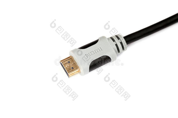 灰色计算机HDMI电缆隔离在白色背景上，特写