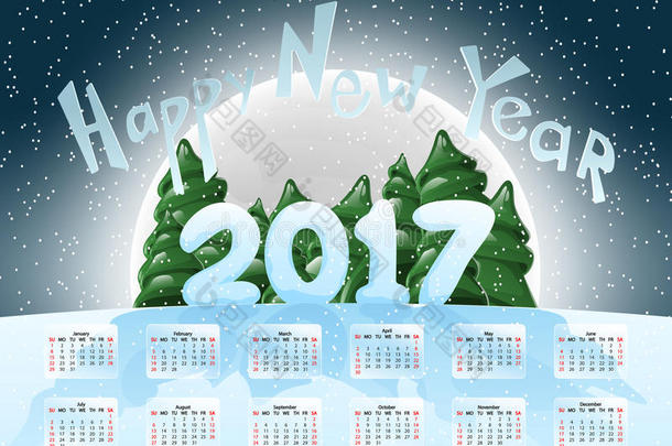 2017年日历。新年快乐。圣诞快乐。公鸡年。新年的象征。圣诞矢量图。判定元件