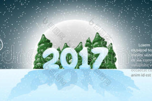 圣诞节，横幅2017，全景。 快乐的圣诞老人，雪橇上有鹿和公鸡。 带有设计元素的矢量插图。