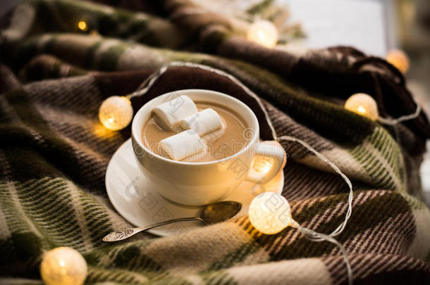 一杯咖啡加棉花糖，温暖的毯子和圣诞夜
