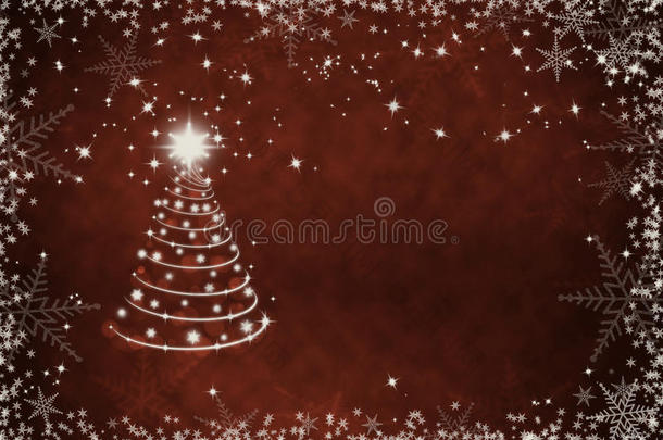 圣诞红背景雪花相框和圣诞树