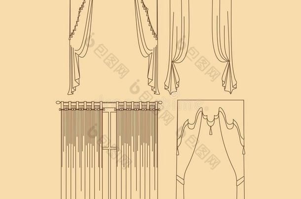 窗帘。 室内纺织品。 室内装饰纺织品草图。