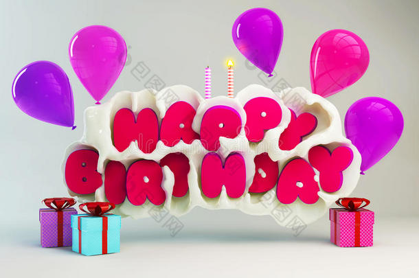 生日贺卡与生日快乐文字在牛奶飞溅，蜡烛，气球和礼品盒。 三维插图