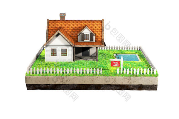 美丽的房子出售房地产标志。 在一片土地上的一座小茅屋横截面。 三维插图。