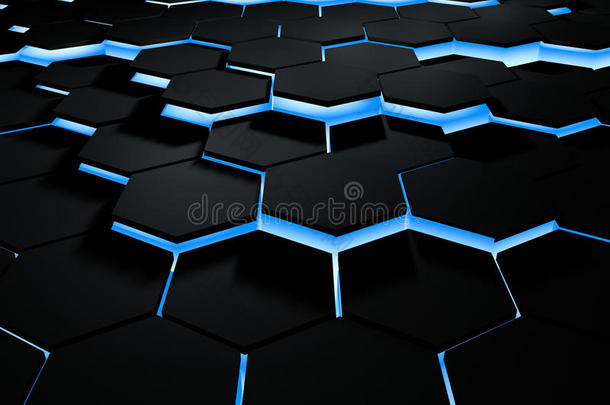 未来主义六正交表面的抽象三维插图。 科幻背景与照明六边形。 三维插图