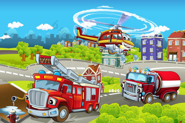 卡通舞台与不同的机器消防卡车和直升机-丰富多彩和愉快的场景