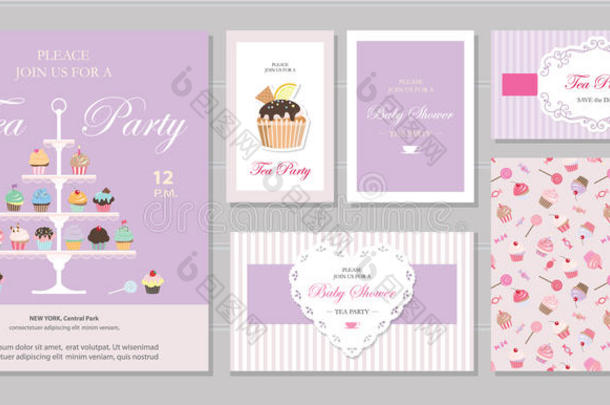 可爱的模板与纸杯蛋糕摊和糖果的粉彩。 卡片和<strong>海报</strong>。 新娘，<strong>婴儿</strong>淋浴，生日。