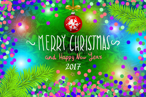 发光彩色圣诞灯花环为圣诞节节日贺卡设计。 圣诞快乐和2017年新年快乐，矢量。 康