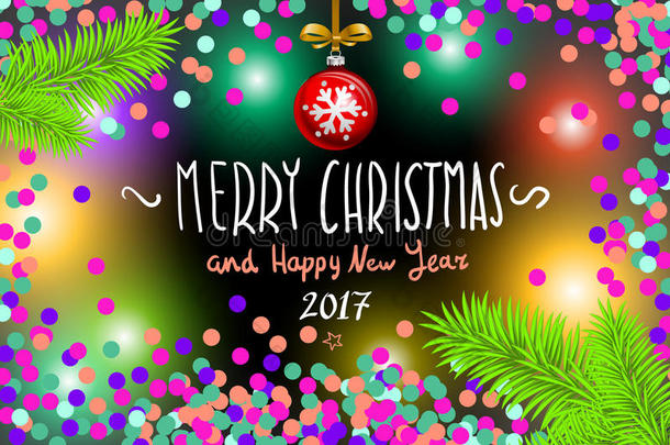 发光彩色圣诞灯花环为圣诞节节日贺卡设计。 圣诞快乐和2017年新年快乐，矢量。 康