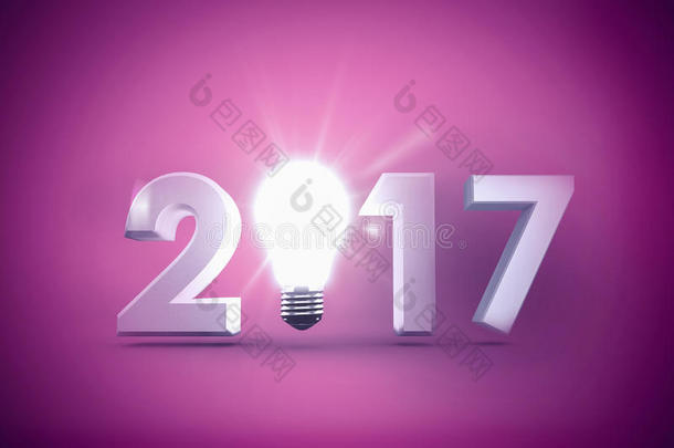 白色背景下发光灯泡的2017年复合图像