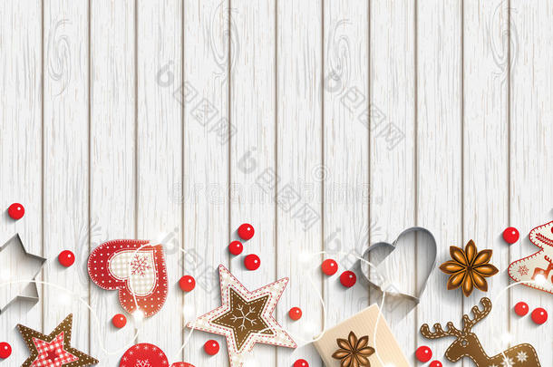 圣诞节背景，斯堪的纳维亚风格的小装饰品躺在白色的木制背景上，插图