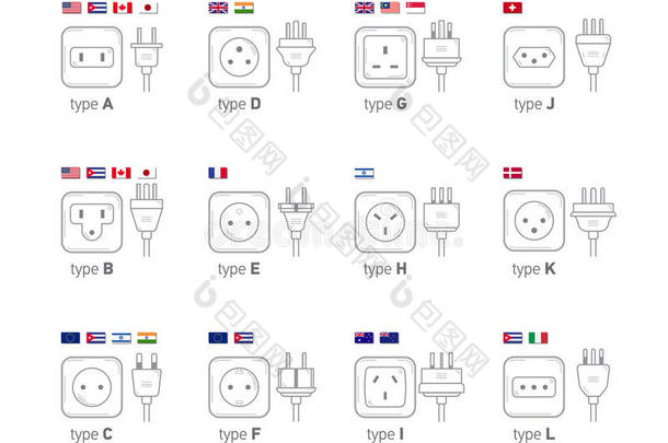 电动出口插图。 不同类型的电源插座，不同国家插头的图标插图。