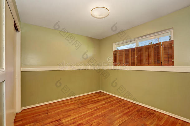 空房间内部与<strong>硬木</strong>地板和绿色橄榄墙。