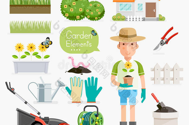 园艺的概念。 园丁和花园工具设备。