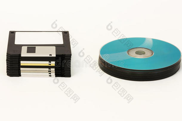 软盘和CD/DVD-白色背景上的磁盘轮
