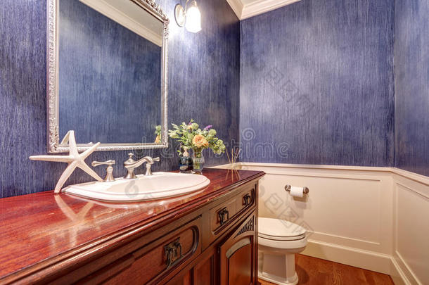 蓝色墙壁浴室内部与红木梳妆台。