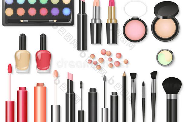 美容化妆品化妆与化妆品工具。 五颜六色的化妆品背景，刷子等必需品。