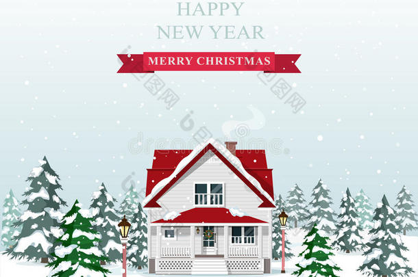可爱时尚的欧洲房子装饰为圣诞节。 圣诞快乐的风景。 矢量插图。