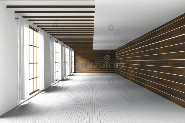 <strong>三维</strong>渲染：大宽敞房间的插图，<strong>玻璃</strong>窗上的自然光。木制墙壁中的空房间内部