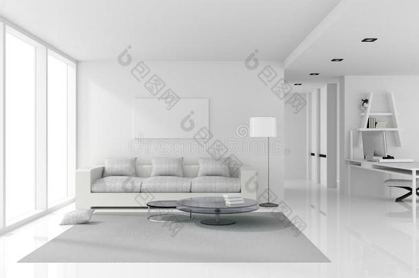 三维渲染：白色<strong>现代风格</strong>家具<strong>客厅</strong>白色室内设计插图。闪亮的白色地板。