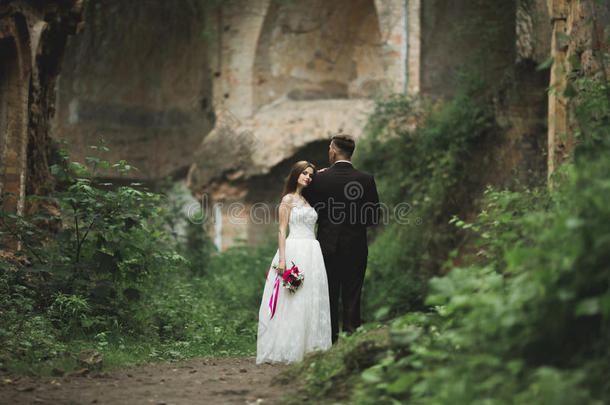 惊人的快乐，温柔，时尚，美丽，浪漫，高加索夫妇的背景，古老的巴洛克城堡