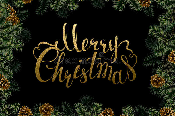 圣诞背景与松果和树枝框架。 节日装饰节日黄金纹理刻字。