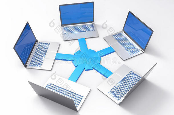 三维隔离网络局域网数据笔记本电脑。 信息团队合作的概念。