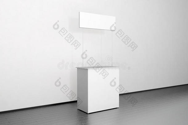 空白白色宣传片柜台模型站在墙附近，侧面