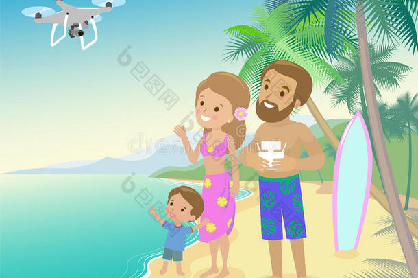 家庭妇女，母亲，父亲和孩子的儿子在<strong>海边</strong>用棕榈农板度假发射无人机四架直升机<strong>拍照</strong>
