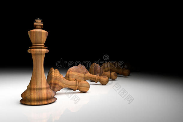 三维渲染：<strong>棋子</strong>的插图。木制的国王国际象棋在中央，<strong>棋子</strong>在后面。灯光下降