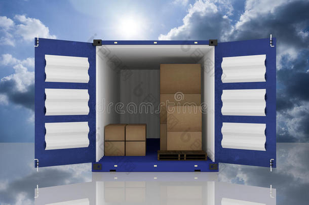 三维渲染：两个集装箱的插图，一个打开的集装箱和纸板箱在集装箱内。商业出口