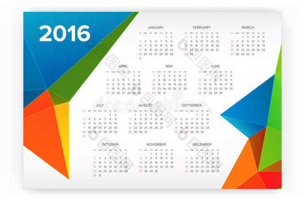 2016年日历。 摘要。 一周从星期天开始。