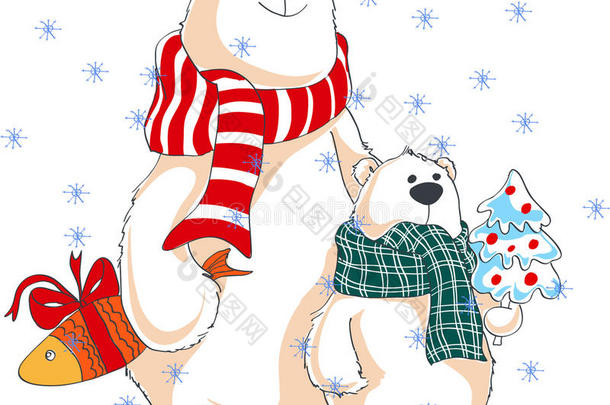 圣诞矢量插图。 两只北极熊带着礼物。